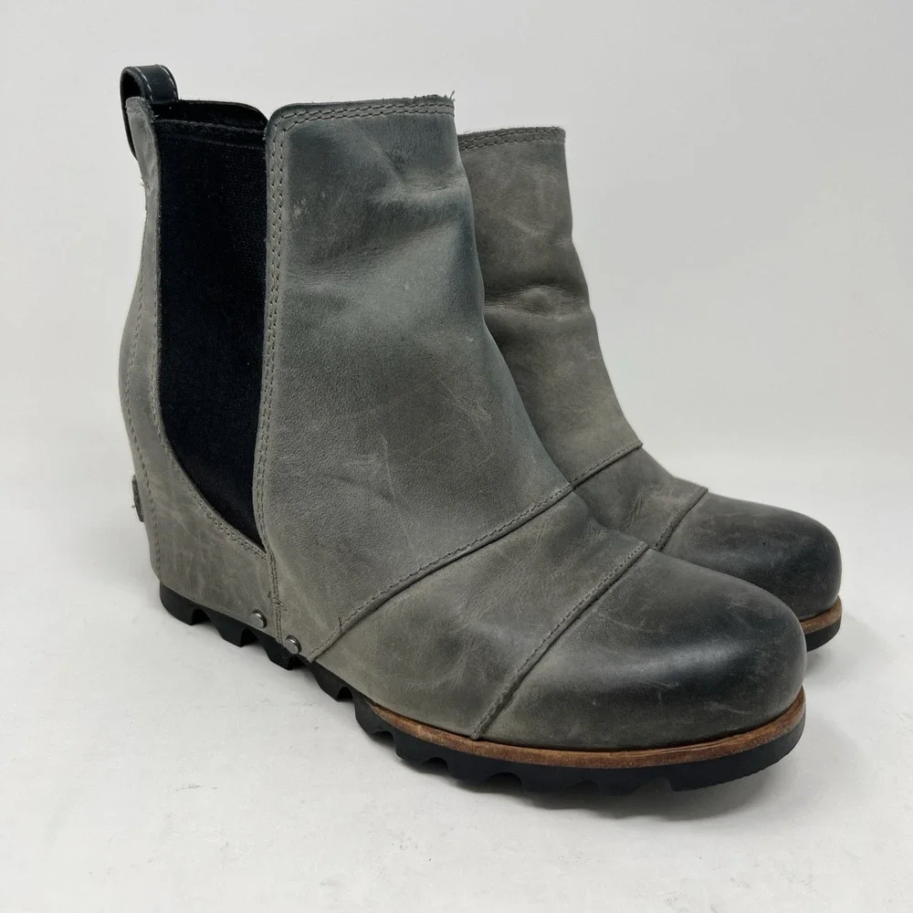 Sorel Boots Women's 6.5 Lea‎ Wedge Waterproof Leather Gray Chelsea Ankle Booties